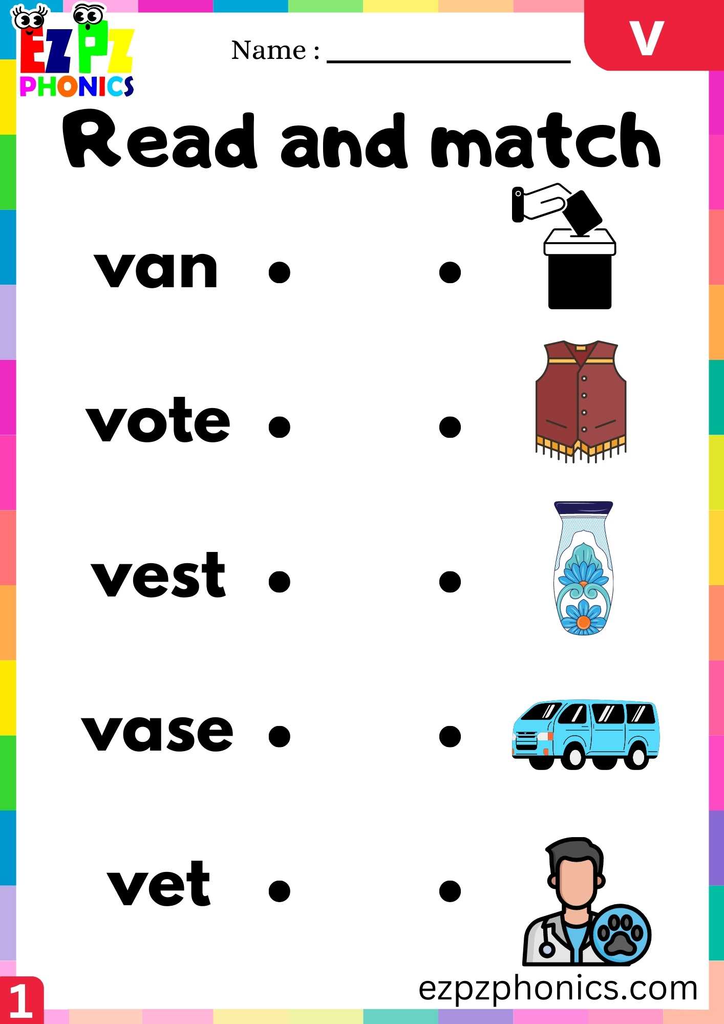 Letter V Read And Match Beginning Sounds Worksheet